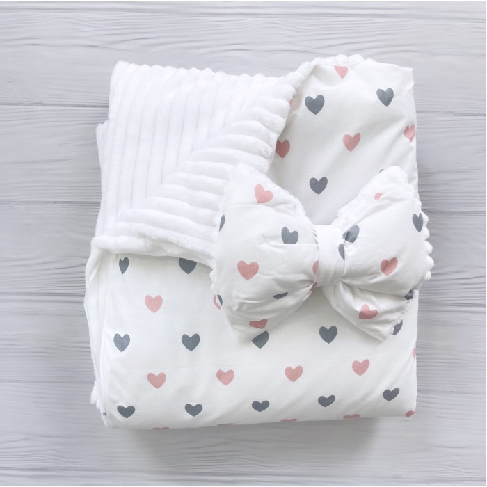 Плед зі з‘ємним утеплювачем та бантом-резинкою Сердечка Рожевий / Білий плюш 90/80