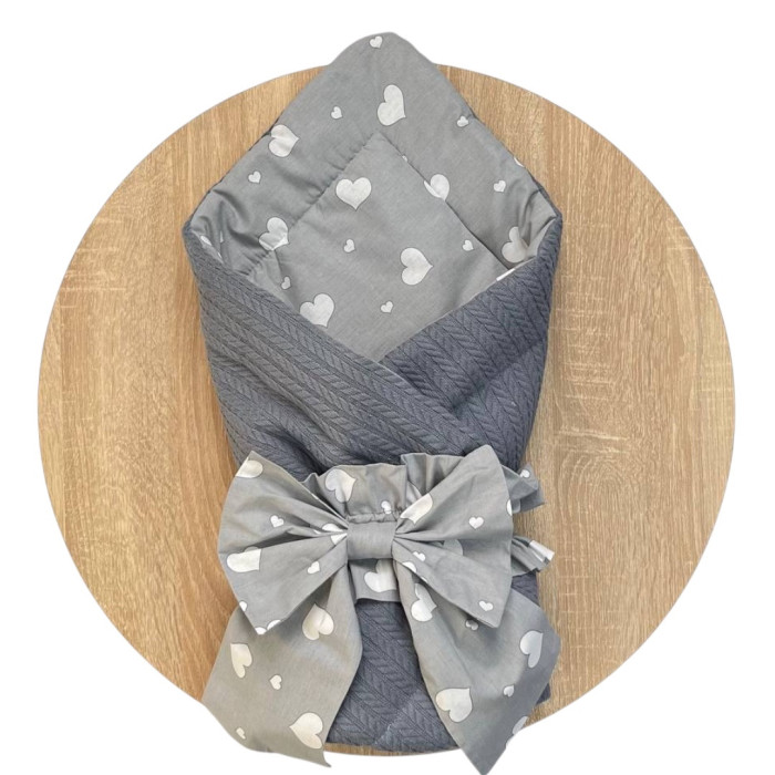 Плед-конверт з бантом резинкою 80/80 Синій/ Сердечка білий / Весна (Синтепон 150)