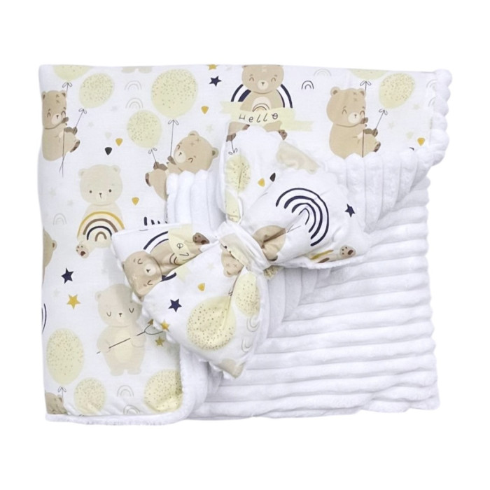 Плед зі з‘ємним утеплювачем та бантом-резинкою Ведмедик Бежевий/ Білий плюш 90/80