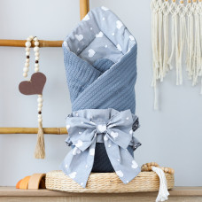 Плед-конверт з бантом резинкою 80/80 Синій/ Сердечка білий / Весна (Синтепон 150)