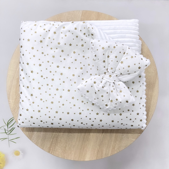 Плед зі зʼємним утепленням та бантом -резинкою Зірки золото (гліттер) /Білий плюш 90/80