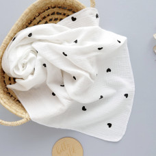 Муслінова пелюшка жатка 2 шари Сердечка чорні на білому 90/65