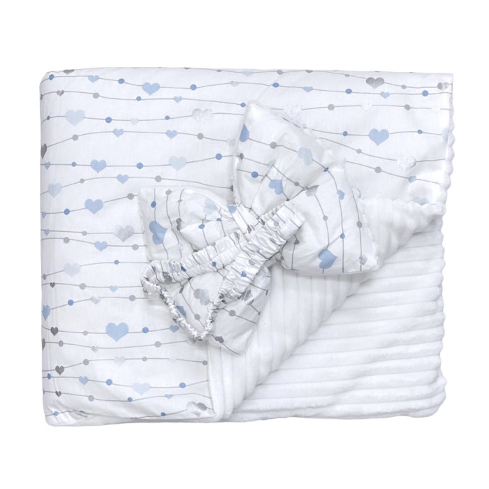 Плед зі зʼємним утепленням та бантом -резинкою Сердечка Блакитний -Сірий (гліттер) /Білий плюш 90/80