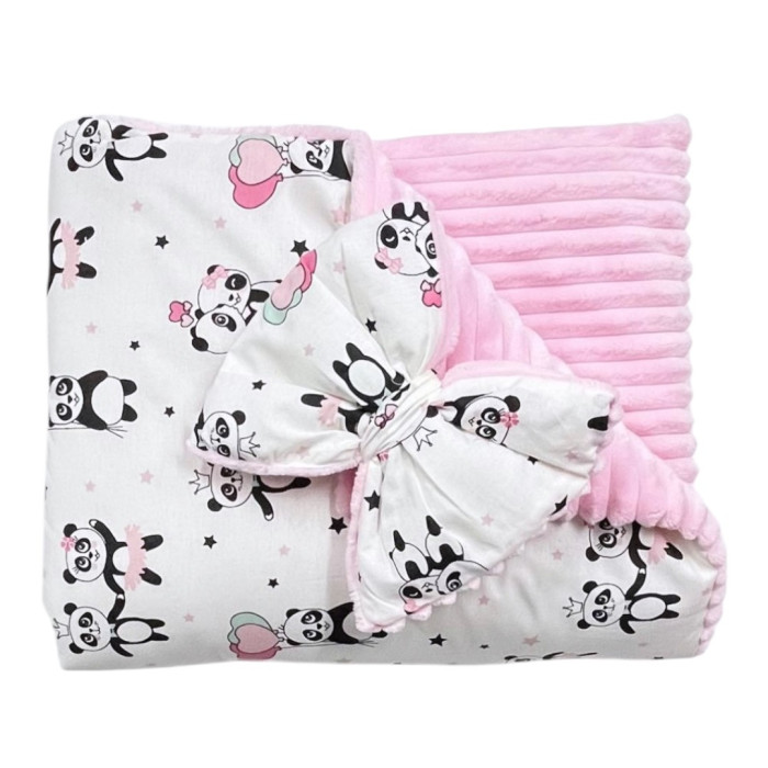 Плед зі з‘ємним утеплювачем та бантом-резинкою Панди Рожевий / Рожевий плюш 90/80