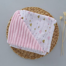 Плед плюш, без утеплення Сердечка Рожевий -Золото (гліттер) /Рожевий плюш 100/80