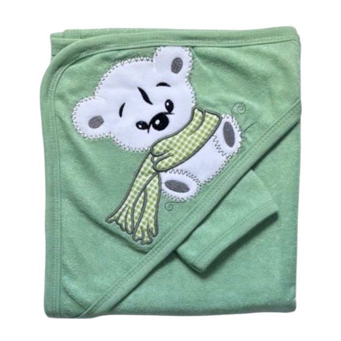 Дитячий рушник з кутиком махровий Ведмедик з шарфом Оливковий 90/85