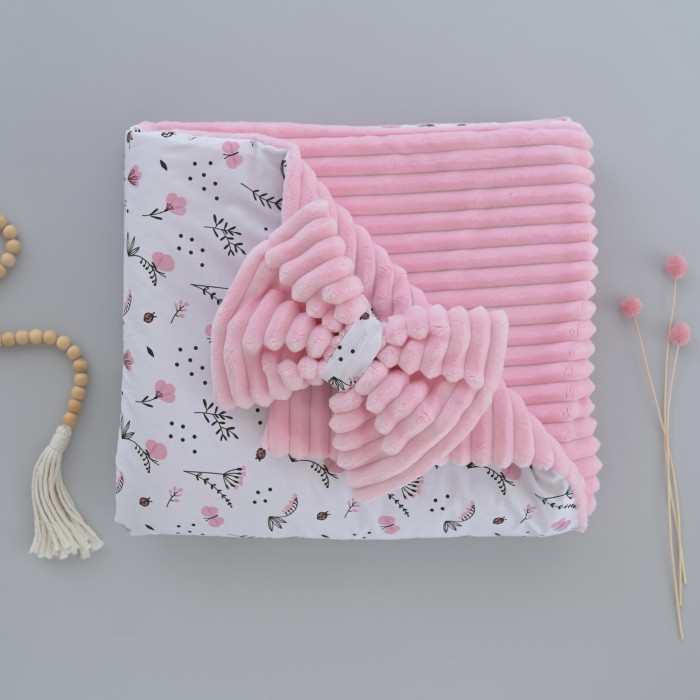 Плед зі з‘ємним утеплювачем та бантом-резинкою Квіточки Рожевий / Рожевий плюш 90/80