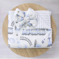 Плед зі з‘ємним утеплювачем та бантом-резинкою Потяг Блакитний /Білий плюш 90/80