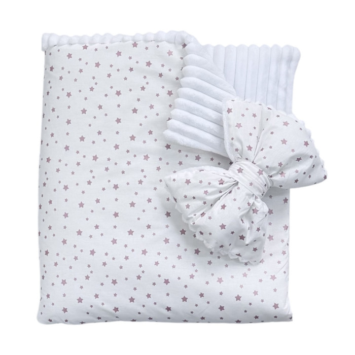 Плед зі зʼємним утепленням та бантом-резинкою Зірки Рожевий (гліттер) / Білий плюш 90/80