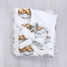 Плед зі з‘ємним утеплювачем та бантом-резинкою Ведмедик Коричневий на хмаринці/ Білий плюш пупиришка 90/80