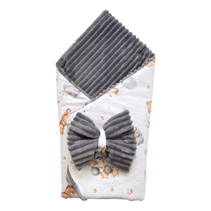 Плед зі зʼємним утепленням та бантом-резинкою Ведмедик з кульками /Сірий плюш 90/80