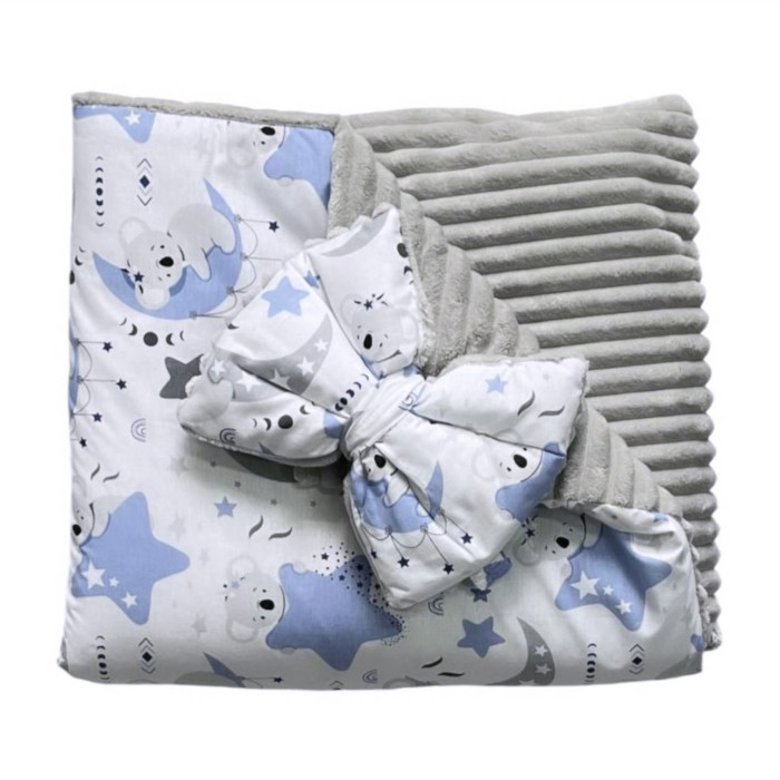 Плед зі з‘ємним утеплювачем та бантом-резинкою Коала Блакитний / Сірий плюш 90/80