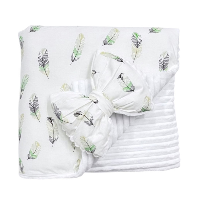 Плед зі з‘ємним утеплювачем та бантом-резинкою Пір‘їнки Зелені /Білий плюш 90/80