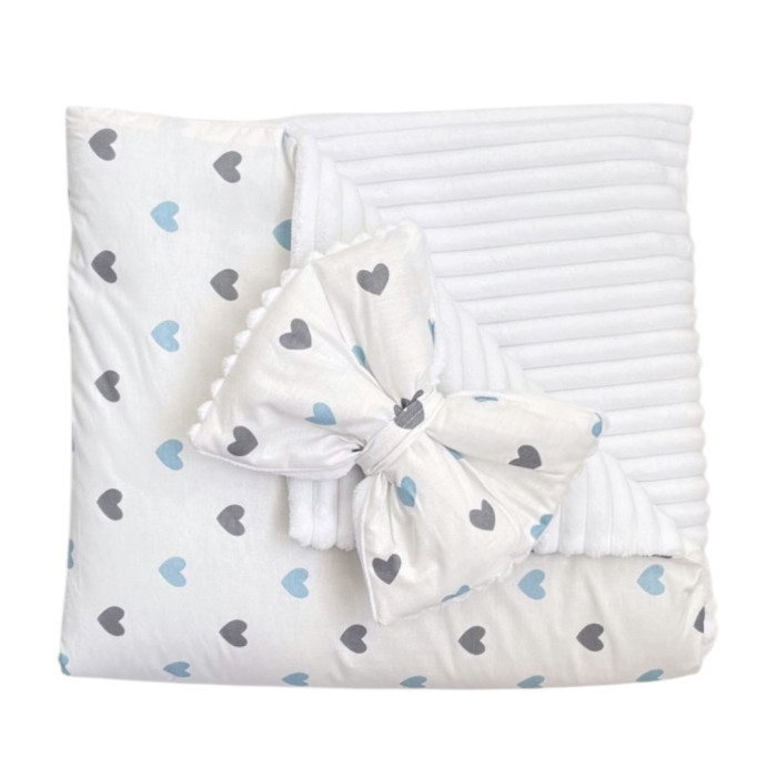 Плед зі з‘ємним утеплювачем та бантом-резинкою Сердечка Блакитний / Білий плюш 90/80