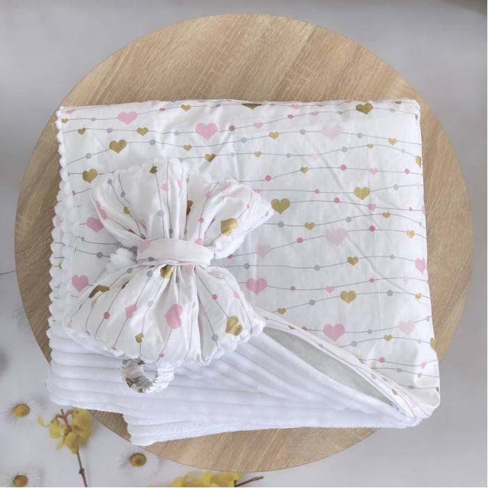 Плед зі з‘ємним утеплювачем та бантом-резинкою Сердечка Рожевий - Золото (гліттер) / Білий плюш 90/80