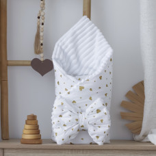 Плед зі зʼємним утепленням банта -резинки Сердечка Золотий (гліттер) /Білий плюш 90/80