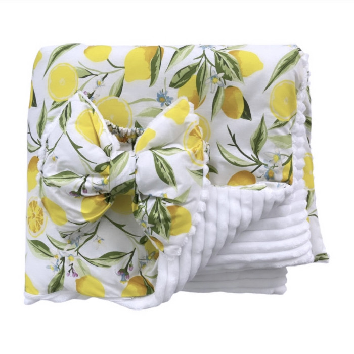 Плед зі з‘ємним утеплювачем та бантом-резинкою Лимони / Білий плюш 90/80