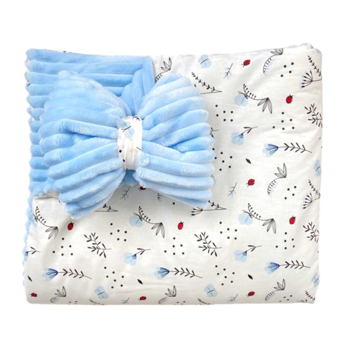 Плед зі з‘ємним утеплювачем та бантом-резинкою Квіточки Блакитний / Блакитний плюш 90/80