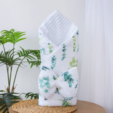 Плед зі з‘ємним утеплювачем та бантом-резинкою Листики Зелений / Білий плюш 90/80